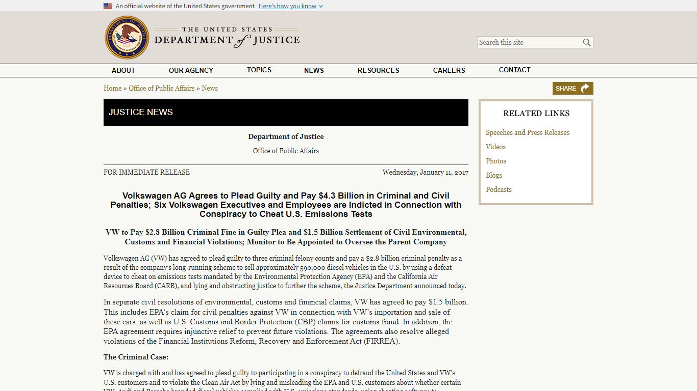 Volkswagen AG Agrees to Plead Guilty and Pay $4.3 Billion in Criminal ...