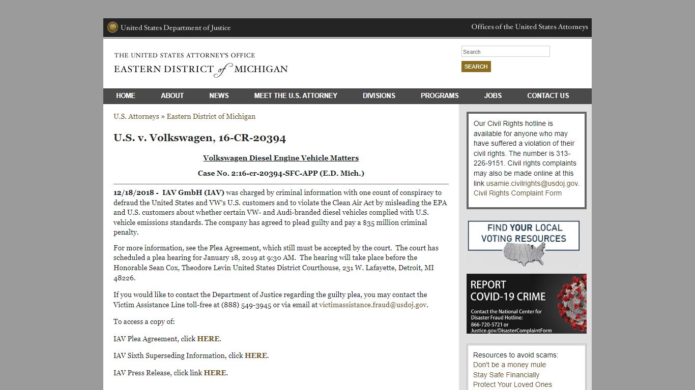 U.S. v. Volkswagen, 16-CR-20394 - United States Department of Justice